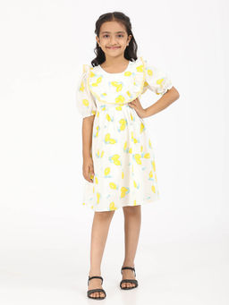 ZION - Girls White Printed Knee Length Dress