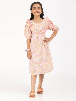ZION - Girls Peach Floral Knee Length Dress