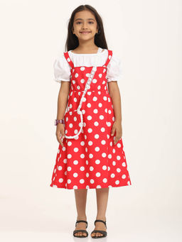 ZION - Girls Red Polka Dots Midi Dress with Purse
