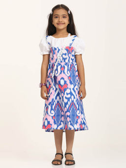 ZION - Girls Blue Printed Midi Dress with Purse