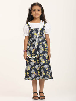 ZION - Girls Grey Floral Midi Dress with Purse