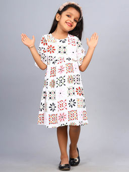 ZION - Girls White Printed Knee Length Dress