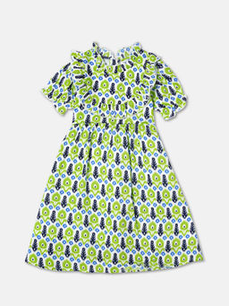 ZION - Girls Green Printed Knee Length Dress