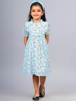 ZION - Girls Blue Floral Knee Length Dress