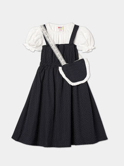 ZION - Girls Navy Blue Polka Dots Knee Length Dress with Purse
