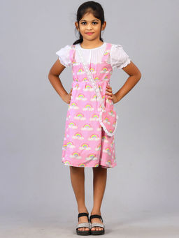 ZION - Girls Pink Printed Knee Length Dress with Purse