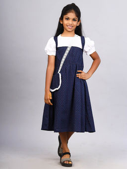 ZION - Girls Navy Blue Polka Dots Midi Dress with Purse