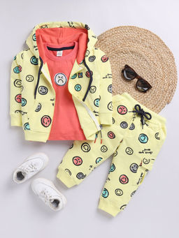 Hopscotch - Boys Yellow & Coral Smiley Print T-Shirt Jacket & Joggers Set