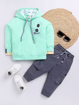 Hopscotch - Boys Aqua & Grey Text Print Hooded Sweatshirt & Jeans Set