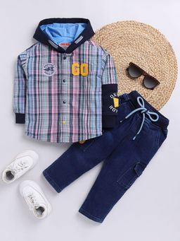 Hopscotch - Boys Multi-Color Plaid Print Hooded Sweatshirt & Jeans Set