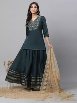 Aurelia - Green Embroidered Short Kurti Skirt and Dupatta (Set of 3)