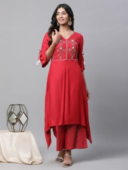 Aurelia - Red Asymmetrical Embroidered Kurta and Palazzo (Set of 2)