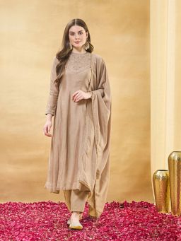 MOKOSH - Beige Women Silk Embroidered Anarkali Kurta with Pant and Dupatta