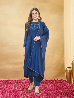 MOKOSH - Blue Women Silk Embroidered Anarkali Kurta with Pant and Dupatta