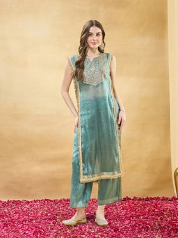 MOKOSH - Teal Women Silk Embroidered Kurta And Spaghetti Blouse with Palazzo