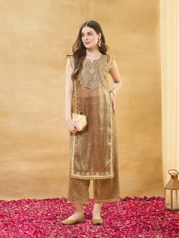 MOKOSH - Gold Women Silk Embroidered Kurta And Spaghetti Blouse with Palazzo