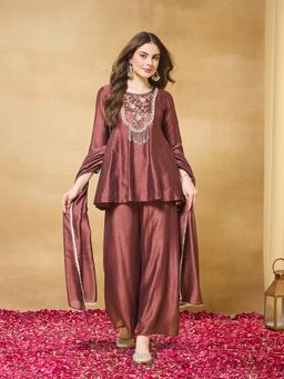 MOKOSH - Brown Women Silk Embroidered Beads work Peplum Kurti with Sharara And Dupatta