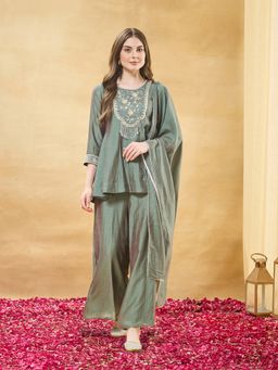 MOKOSH - Olive Women Silk Embroidered Beads work Peplum Kurti with Sharara And Dupatta