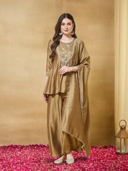 MOKOSH - Copper Women Silk Embroidered Beads work Peplum Kurti with Sharara And Dupatta
