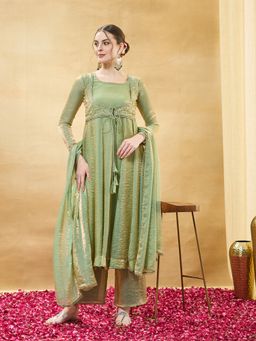 MOKOSH - Green Women Silk Embroidered Beads work Anarkali Kurta And Palazzo With Dupatta