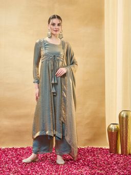 MOKOSH - Blue Women Silk Embroidered Beads work Anarkali Kurta And Palazzo With Dupatta