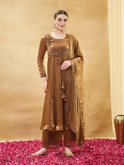 MOKOSH - Brown Women Silk Embroidered Beads work Anarkali Kurta And Palazzo With Dupatta