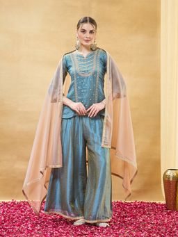 MOKOSH - Grey Women Silk Embroidered Kurti with Sharara and Dupatta