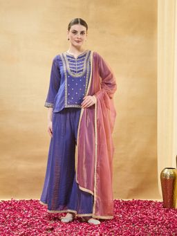 MOKOSH - Purple Women Silk Embroidered Kurti with Sharara and Dupatta