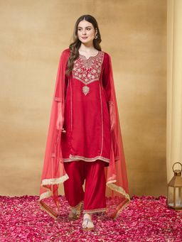 MOKOSH - Red Women Silk Embroidered Anarkali Kurta with Palazzo and Dupatta