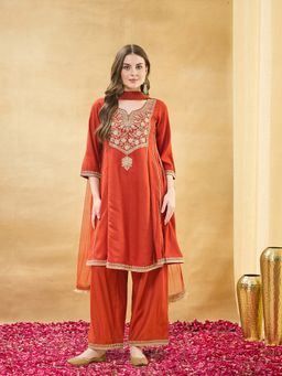MOKOSH - Rust Women Silk Embroidered Anarkali Kurta with Palazzo and Dupatta