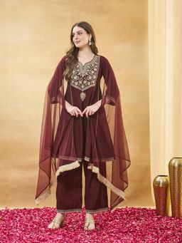 MOKOSH - Brown Women Silk Embroidered Anarkali Kurta with Palazzo and Dupatta