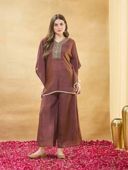 MOKOSH - Brown Women Silk Embroidered Hand work Kaftan with Spaghetti Blouse And Palazzo