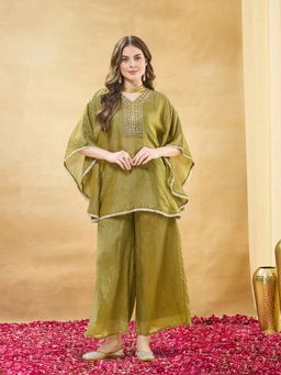 MOKOSH - Green Women Silk Embroidered Hand work Kaftan with Spaghetti Blouse And Palazzo