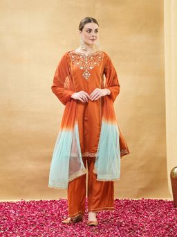 MOKOSH - Orange Women Silk Embroidered Anarkali Kurta And Palazzo With Dupatta