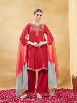 MOKOSH - Red Women Silk Embroidered Anarkali Kurta And Palazzo With Dupatta