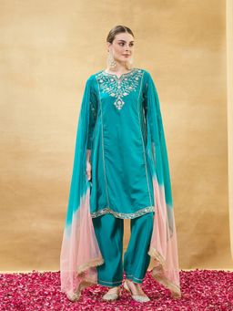 MOKOSH - Blue Women Silk Embroidered Anarkali Kurta And Palazzo With Dupatta