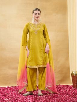 MOKOSH - Mustard Women Silk Embroidered Anarkali Kurta And Palazzo With Dupatta
