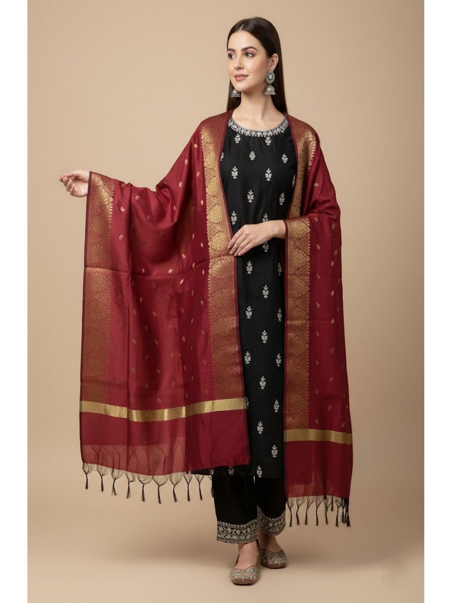 Women Maroon Woven Design Banarasi Silk Blend Dupatta-image-9