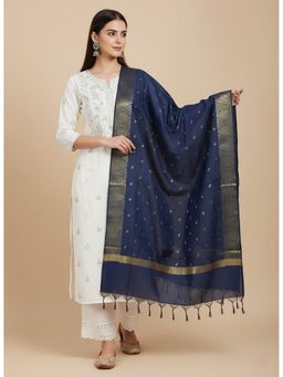 MUFFLY - Women Navy Blue Woven Design Banarasi Silk Blend Dupatta