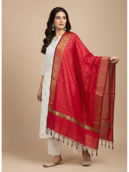 MUFFLY - Women Red Woven Design Banarasi Silk Blend Dupatta