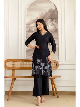 BERRYLICIOUS - Black Embroidered And Placement Printed Pure Cotton Kurta With Pant