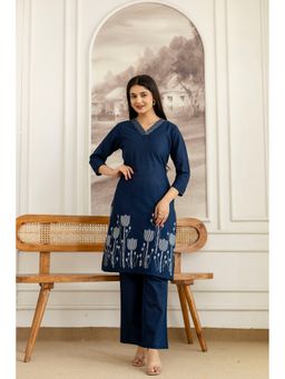 BERRYLICIOUS - Navy Blue Embroidered And Placement Printed Pure Cotton Kurta With Pant
