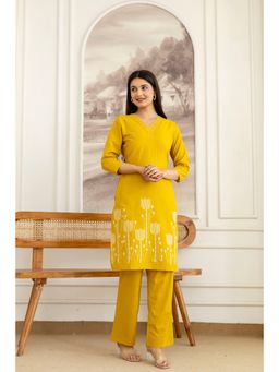 BERRYLICIOUS - Mustard Embroidered And Placement Printed Pure Cotton Kurta With Pant