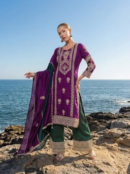 ISHIN - Rich Purple Straight Kurta with Pant and Dupatta