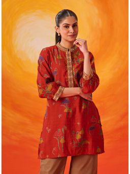 Lakshita - Rust Printed Chanderi Straight Kurti
