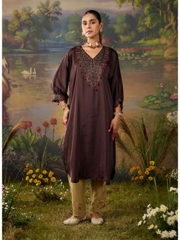 Lakshita - Chocolate Brown Satin Zari Embroidered Kaftan