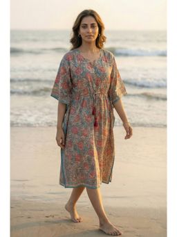 NAVYAS FASHION - Blue Brown Floral Cotton Kaftan Dress