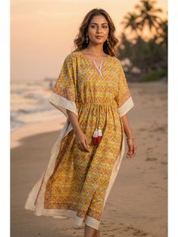 NAVYAS FASHION - Yellow Floral Cotton Long Kaftan Dress