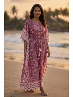 NAVYAS FASHION - Pink Floral Cotton Long Kaftan Dress