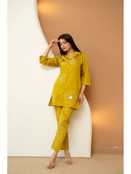 BERRYLICIOUS - Mustard Floral Embroidered Mirror Work Co-Ord Set